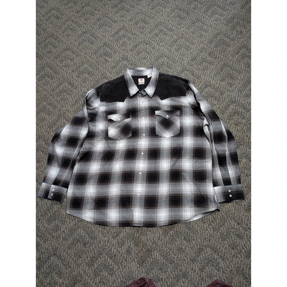 Levis Mens 3XL Plaid Western Snap Shirt Black Corduroy Yoke 85745-0123